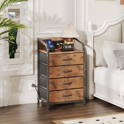 MUTUN Bedside Table Cabinet with Drawers and Charging Station, Small Nightstand for Bedroom, Storage Chest of Drawers for Living Room, Hallway, Entryway, Rustic Brown