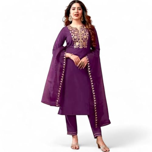 RangMahal - Set di pantaloni kurta indiani fatti a mano, in puro cotone, ricamati, da donna, Viola, Large