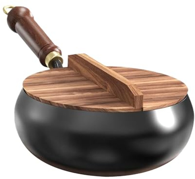 Poêle À Frire En Fonte Forgée À La Main | Grand Pot Traditionnel Non Revêtu Pour Frire, Braiser Et Ragoût | Batterie De Cuisine En Fer Fin Fabriqué À La Main Avec Poignée Ergonomique En Bois Pour Cuis
