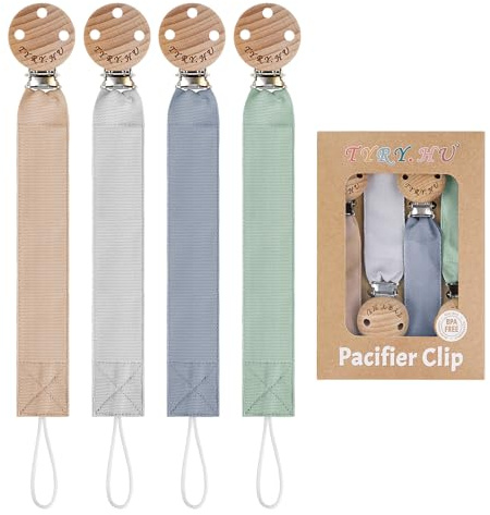 TYRY.HU Schnullerkette Mädchen Stoff Schnullerkette Clips Jungen Weiches Gewebe Polyester Schnuller Halter Set Holz Schnullerband Baumwolle Schnullerband für Neugeboren Geschenk 4 Pack