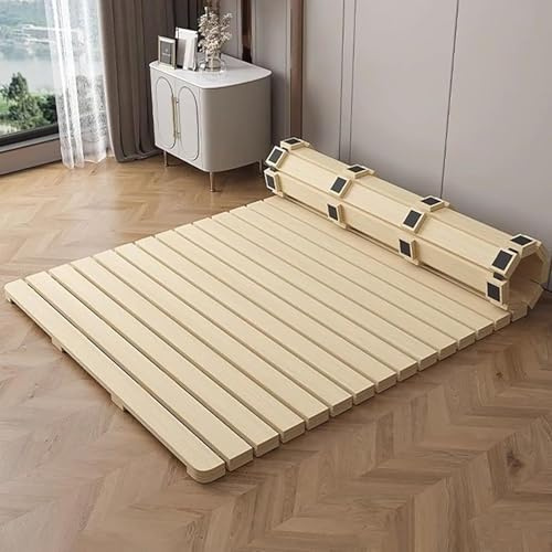 peilouw Folding Solid Wood Bed Frame,Foldable Japanese Floor Tatami Bed Frame,Wooden Roll-Type Slatted Floor Bed for Bedrooms,Guest Rooms,Dorm(74.8 D x 53.2 W, Khaki)