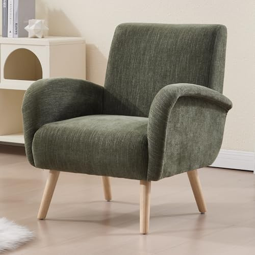 chairus Chenille Loungesessel Ohrensessel für Wohnzimmer Polstersessel Einzelsofa für Schlafzimmer Akzentstuhl Relaxsessel mit Holzbeinen (Grün)