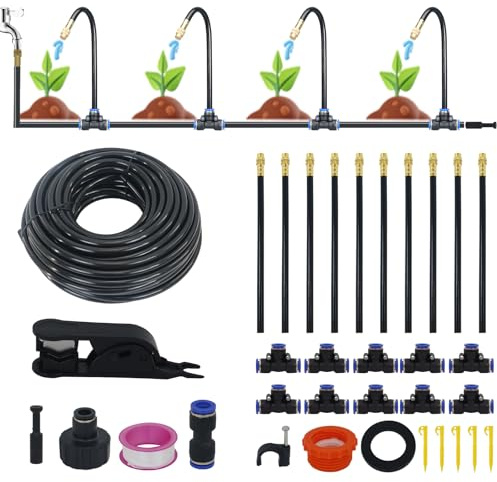 Kit di irrigazione a goccia per giardino, serra e aiuole rialzate, tubo di distribuzione da 5 m, micro gocciolatori e irrigatori da 1/4, sistema di irrigazione automatico con 5 ugelli e picchetti di