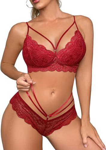 Yuson Girl Completo Intimo Donna 2 Pezzi Bralette Senza Ferretto con Lacci Regolabili e Perizoma Triangle Set Lingerie Sexy in Pizzo Intimo Sensuale per San Valentino(Rosso Vino, S)