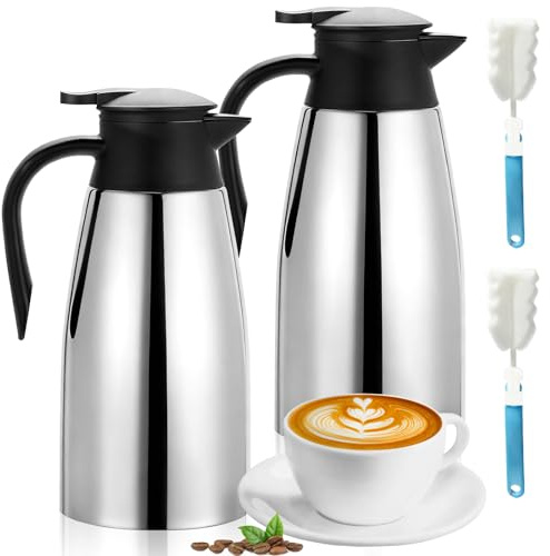 2 PCS 68 OZ Thermal Coffee Carafe Stainless Steel Creamer Pitcher Double Walled Vacuum Insulated Pitcher Thermal Hot Pot Flask with Brushes for Keeping Hot Coffee Tea