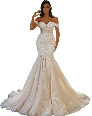 WYWY Abito da Sposa Sirena con Appliques di Pizzo e Strascico, Abito da Sposa Scollato e Senza Maniche con Schiena Nuda per Sposa, Matrimonio e Cerimonia Formale(14)