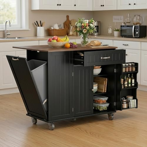 Xbro Îlot de Cuisine avec Emplacement pour Poubelle, Îlot de Cuisine sur roulettes, Meuble de Cuisine avec Plan de Travail Rabattable, Porte-Couteaux, Porte-Serviettes, 113 x 51 x 90 cm, Noir