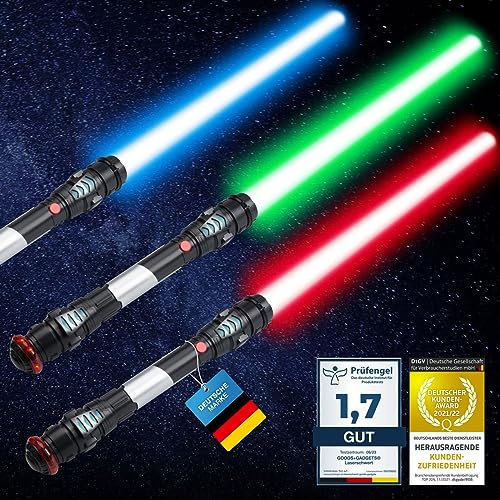 GOODS+GADGETS® Lasersvärd med Ljud, Vibration och Ljus – 108 cm | Ljussabel med utdragbart blad, ljudchip och vibrationsmodul – blå, grön eller röd