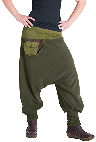 Vishes - Alternative Bekleidung - Warme Thermo Haremshose aus Fleece mit Tasche und weichem Jersey Bund Olive Einheitsgröße 36 bis 42
