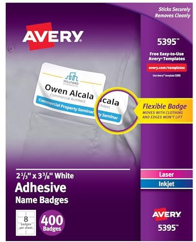 Avery Flexible Printable Name Tags, 2-1/3 x 3-3/8, Matte White, 400 Removable Name Badges for Laser and Inkjet Printers (5395)