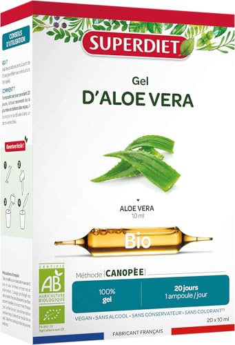 SUPERDIET – GEL D’ALOE VERA BIO – 100% pur gel – Fabrication française – 20 ampoules de 10 ml