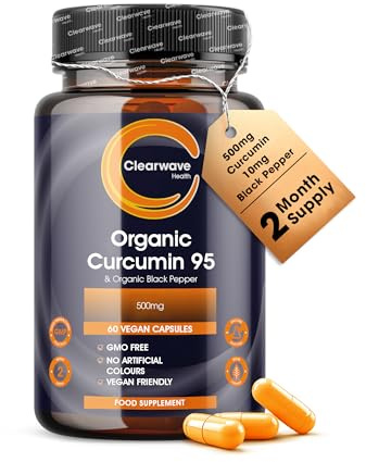 Kurkumin 95 | Ekologisk | Kurkuminkapslar Hög Styrka Med Svartpeppar | 500mg Rent Kurkuma Kurkumin 95 & 10mg Ekologisk Svartpeppar | 60 Kapslar 2 Månaders Förbrukning | Av Clearwave Health