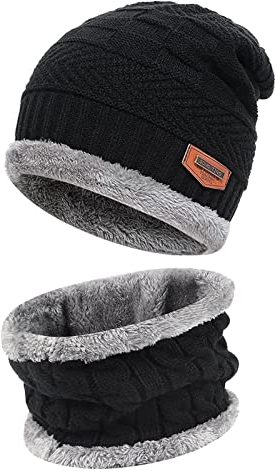 Bequemer Laden Kinder Winter Warm Mütze und Loop Schal Set mit Fleece Gefütterte für 3-8 Jahre Jungen Mädchen, Wintermütze Strickmütze Beanie Schlauchschal Halswärmer Geschenk Weihnachten, Schwarz