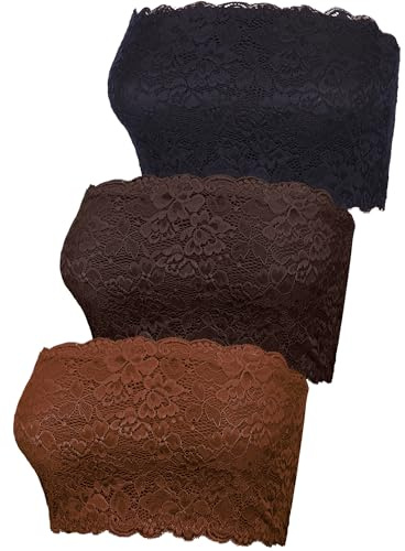 BOAO 3 Pezzi da Donna Floreale Pizzo Tubo Top a Fascia Senza Spalline Reggiseno Elastico Senza Cuciture Avvolgere Petto, Nero, Marrone Scuro, Caramello, XX-Large
