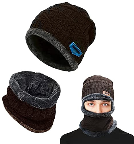 AOMAIGAD Wintermütze,Winter Beanie Mütze,Classics Mütze Herren Damen,Wintermütze und Schal-Set,Dicker, Weicher, Doppelschichtiger Plüschfutterhut und Halswärmer für Herren und Damen (braun)