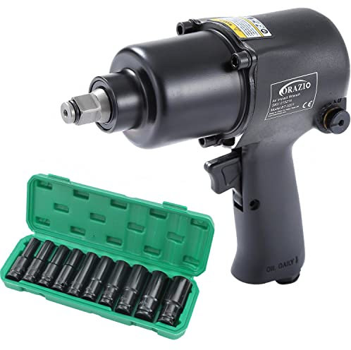 ORAZIO Air Impact Wrench 1/2 Twin Hammer 660N.M, with Deep Socket Set Professional Garage Car Truck Wheel Tyre Bolts Removal Installation Pneumatic Tool Aluminium Housing 215214