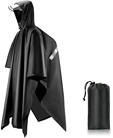 SOPPY Vattentät regnponcho, 3-i-1 återanvändbar lätt regnrock/solskyddspresenning/picknick, vattentätt marklakan, regnponcho med bärväska för cykling, vandring, camping, utomhusaktiviteter – svart, Svart, L-XL