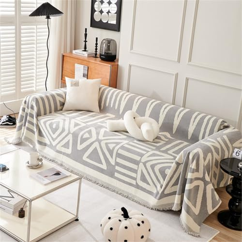 FZKun Grand Plaid Doux Réversible et Polyvalent pour Canapé 1/2/3/4 Places - Style Bohème - Couverture Décorative pour Chaises, Lits (Gris, 180 x 130 cm)