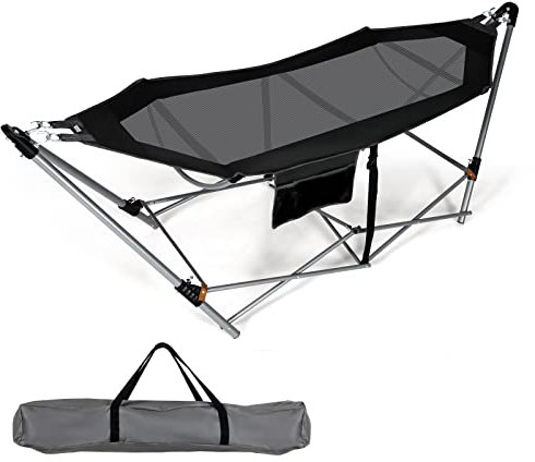 COSTWAY Klappbare Hängematte mit Gestell und Seitentasche, Hängemattengestell bis 150 kg belastbar, tragbar, inklusive Tragetasche, für Indoor und Outdoor (Schwarz)