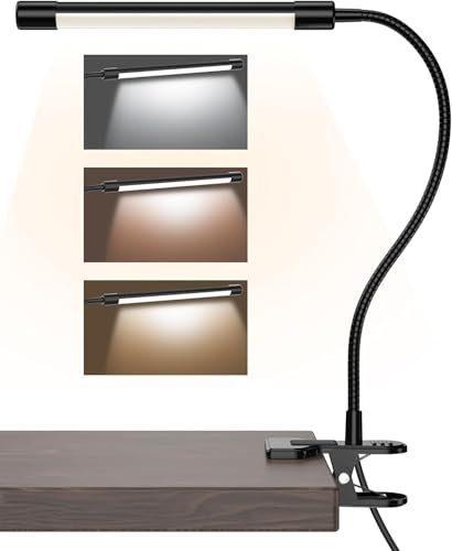 Lampada da scrivania LED con clip - Lampada da tavolo con 3 modalità di colore regolabili e 10 livelli di luminosità, luce da scrivania USB con collo d'oca flessibile e a risparmio energetico per casa