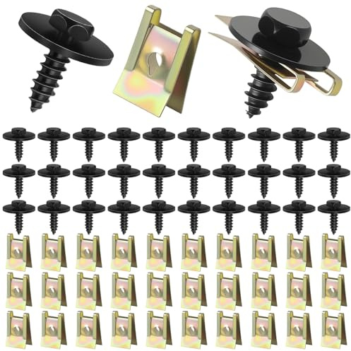 Prebarfun 60 Pièces Assortiment Agrafes de Carrosserie,Ecrou Cage Voiture,U-Clip Et de Vis de Fixation,Clip à Vis et Écrou De Kit,Vis Carrosserie Voiture pour Ailes Voitures et Panneau Porte Intérieur