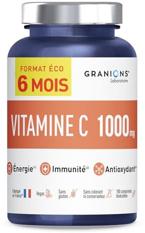 VITAMINE C 1000 mg GRANIONS | Vitamine C FORMAT 6 MOIS - Vitamines C Energie - Vitamines Adultes - Vitamin C Haut Dosage - Vitamine C Vegan - 180 Comprimés de Vitamine C - Vitamine Fabriquée en France