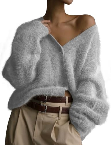 COZYPOIN Cardigan pelucheux en mohair ouvert sur le devant et col en V à manches longues pour femme