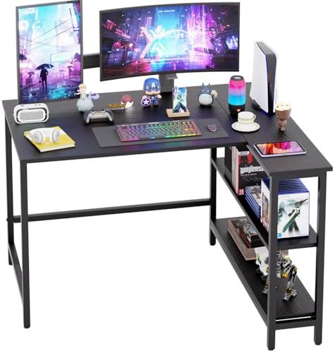 PayLessHere 110cm L-Shaped Computer Gaming Desk | Metal Frame Reversible Storage Corner Desk Black L corner design