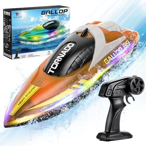 HOTUT Barco Teledirigido, 2.4GHZ Barco de Control Remoto con 2 Baterías Recargables, Luces LED, para Regalo para Niños,Niñas y Adultos