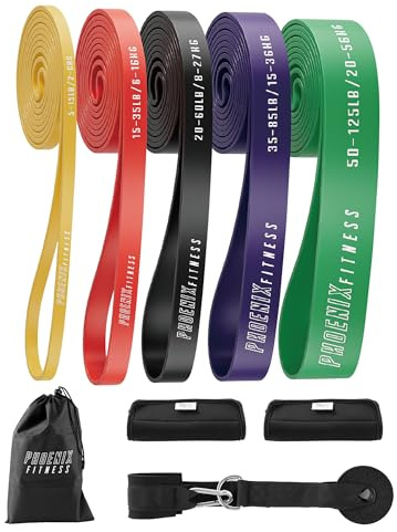 Phoenix Fitness Pull Up Bands Set - 5 Level Resistance Bands for Men and Women - Stackable Exercise Bands with Hand Grips, Door Anchor & Carry Case - Workout Bands for Home & Gym (Multicoloured)