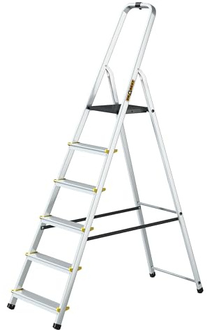 Drabest – PRO hushållsstege – 6 steg – Arbetshöjd 3,19 m – Hopfällbar Stege i Aluminium, max. 150 kg, med Praktisk Krok – Aluminiumstege med Plattform 25 x 26 cm, Halkfria Fötter