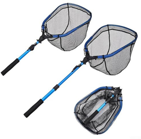 Épuisette de pêche pliable rétractable de 107 cm avec poignée en alliage d'aluminium pour flotteurs de bassin de pêche - Bleu - 2 sections