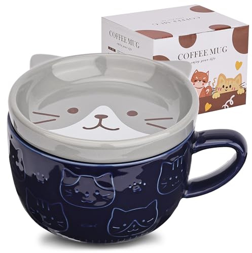 Beyinli - Deliziosa tazza in ceramica con gatto e coperchio, tazza da caffè o da tè per gli amanti dei gatti, divertente tazza da colazione con gatto per donne, amici e bambini, Natale, compleanno