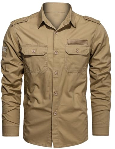 Hombre Camisas de Trabajo, Ropa de Militar de Manga Larga con Botones,Cargo Shirts, 2 Bolsillos, Regular Fit para Pesca, Tala, Senderismo, Caza，Caqui1907，XL