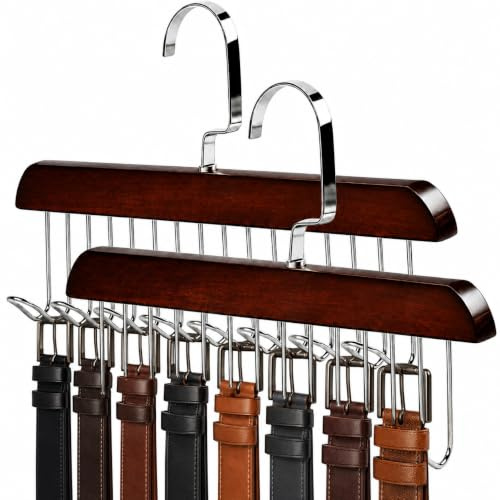 2 PCS Cintres en Bois pour Ceintures, Ceinture pour Placard, Porte-Accessoires à Crochets Métalliques, Organisateur Gain de Place Destiné aux Cravates, Foulards, Sacs, Bijoux et Dressing