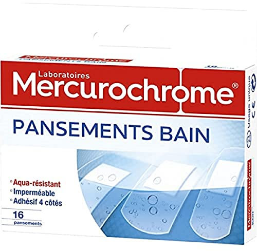 MERCUROCHROME - Pansements bain aqua-résistant - Imperméables à l'Eau - Boîte de 16 pansements - 3 Formats Différents - Ultra-fins et Transparents - Ne colle pas à la plaie