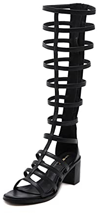 Gladiator Sandali per le donne al ginocchio di alta moda estate tacco medio Open Toe classico stivali alti in gabbia, Nero , 36.5 EU