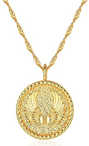 Forever Fervent Angel Wing Medallion Necklace | 18k Gold | Guardian Angel Coin Pendant Twist Chain | 18-20'' | Faith and Hope Jewelry | Gift for Her