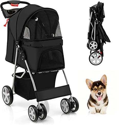 GYMAX Haustierwagen, zusammenklappbarer Katzen-/Hundebuggy mit Aufbewahrungskorb, Getränkehaltern & Netzfenster, Reisewagen mit 4 Rädern für kleine Haustiere (Schwarz)