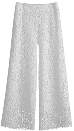 Pizzo Hollow Out Solido Casual Dritto Gamba Larga Pantaloni Donna Pantaloni alla Caviglia, bianco, M