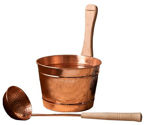 Anatolica Copper Sauna Bucket and Ladle, Diameter 8.1 inches, H: 5.9 inches