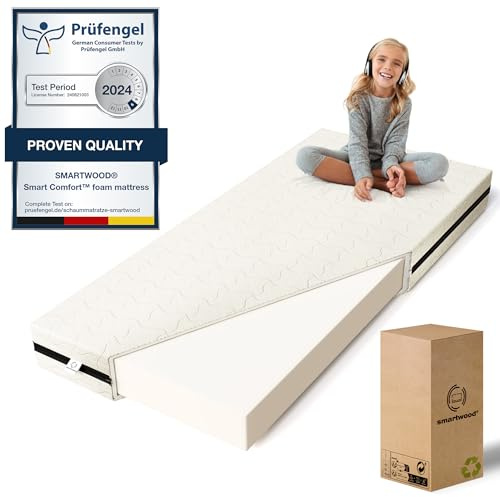 smartwood Barnmadrass 140x190 14 cm - Madrass för barn - H2 Skummadrass Oeko-TEX-certifierad - Vändbar - med tvättbart antiallergiskt överdrag - SmartComfort | Tillverkad i EU