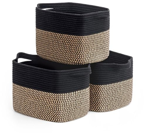 TIMEYARD Aufbewahrungskorb 3er-Set, Wäschekorb, Wäschekorb mit Henkel, Korb Geflochten für Handtuch Baby Spielzeug, Kufbewahrungskorb Klein für Badezimmer Wohnzimmer, 33x25x23 cm, Schwarz & Jute