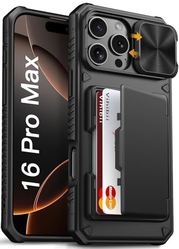 Vihibii Funda para iPhone 16 Pro MAX con Soporte para Tarjetas (4 Tarjetas) [Bloqueo RFID] y Protector de cámara Deslizante, protección Militar, Resistente a los Golpes, Resistente a los arañazos,