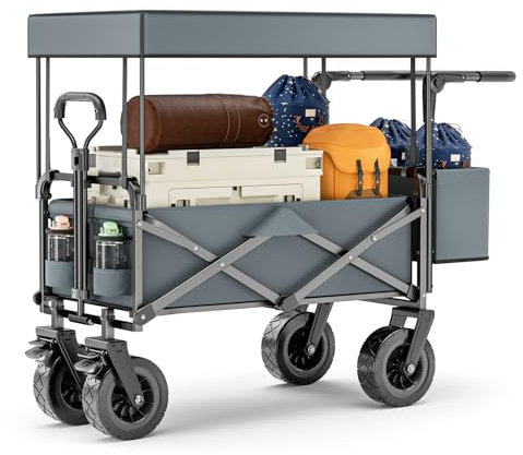 MINENICE Carro Plegable con Techo, 100L Carrito de Jardin - Carga máxima 100KG - Carro de Playa con Rueda Todoterreno - para Jardín y Exteriores (Grey)
