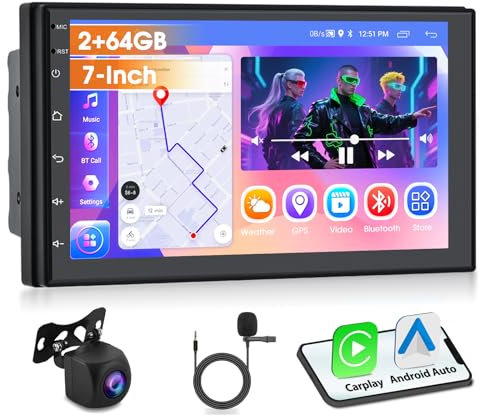 Autoradio Motorsi Double Din con Apple Carplay Android Auto, Touchscreen HD da 7'' 1080P Stereo Radio 2 Din Android 15, GPS/WiFi/Bluetooth/FM/RDS/Doppia USB+Telecamera di Backup AHD e Microfono