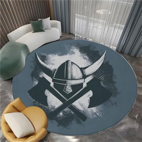 Viking Helmet Axe Round Area Rugs 5 ft Washable Non-Slip Throw Round Rugs, Dark Gray Soft Low-Pile Dining Room Office Circle Carpet for Bedroom Sofa Entryway