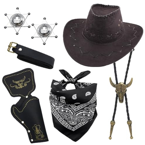 Costume da Cowboy, 7PCS Accessori Costumi da Cowboy con Cappello da Cowboys Bandana Cinture Fondine Collana Distintivo Carnevale Costume Costumi da Cowboys Occidentale Cosplay per Adulti(Nero)