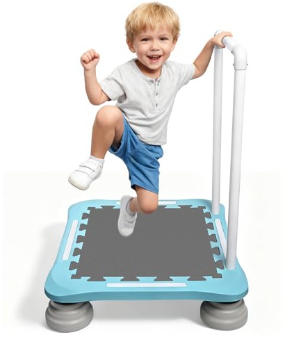 Kids Trampoline Indoor, Noise-Free Autism Friendly Sensory Mini Rebounder with Honeycomb Base & Handlebar for Toddler Ages 3+, PU Foam Foot Pads & Full-Edge Padding, Space-Saving for Home 61x57x75.5cm