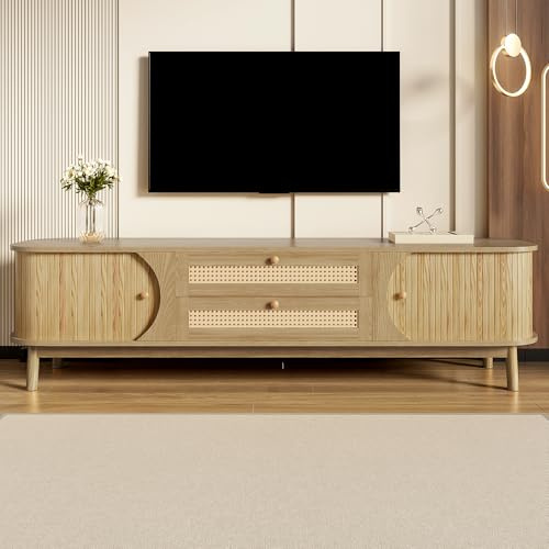 ModernLuxe TV Stand Cabinet with Solid Wood Doors & 2 Rattan Drawers, Sliding Door with Smooth Round Handles, Large Storage Media Console, TV Unit for Living Room, Natural Colour, 170 × 39.5 × 46 cm